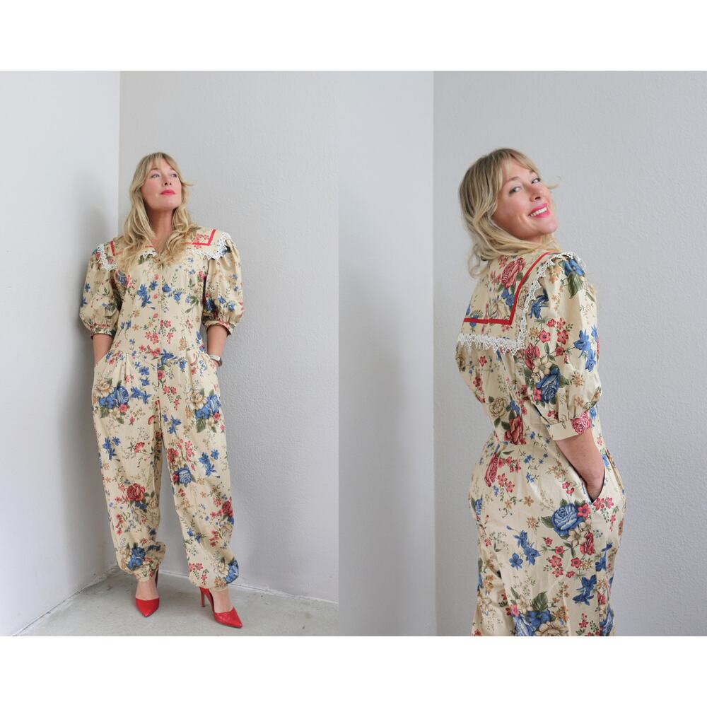 1980's Vintage Cottagecore Ditzy Soft Girl Romanitc Floral Jumpsuit Womens MD LG